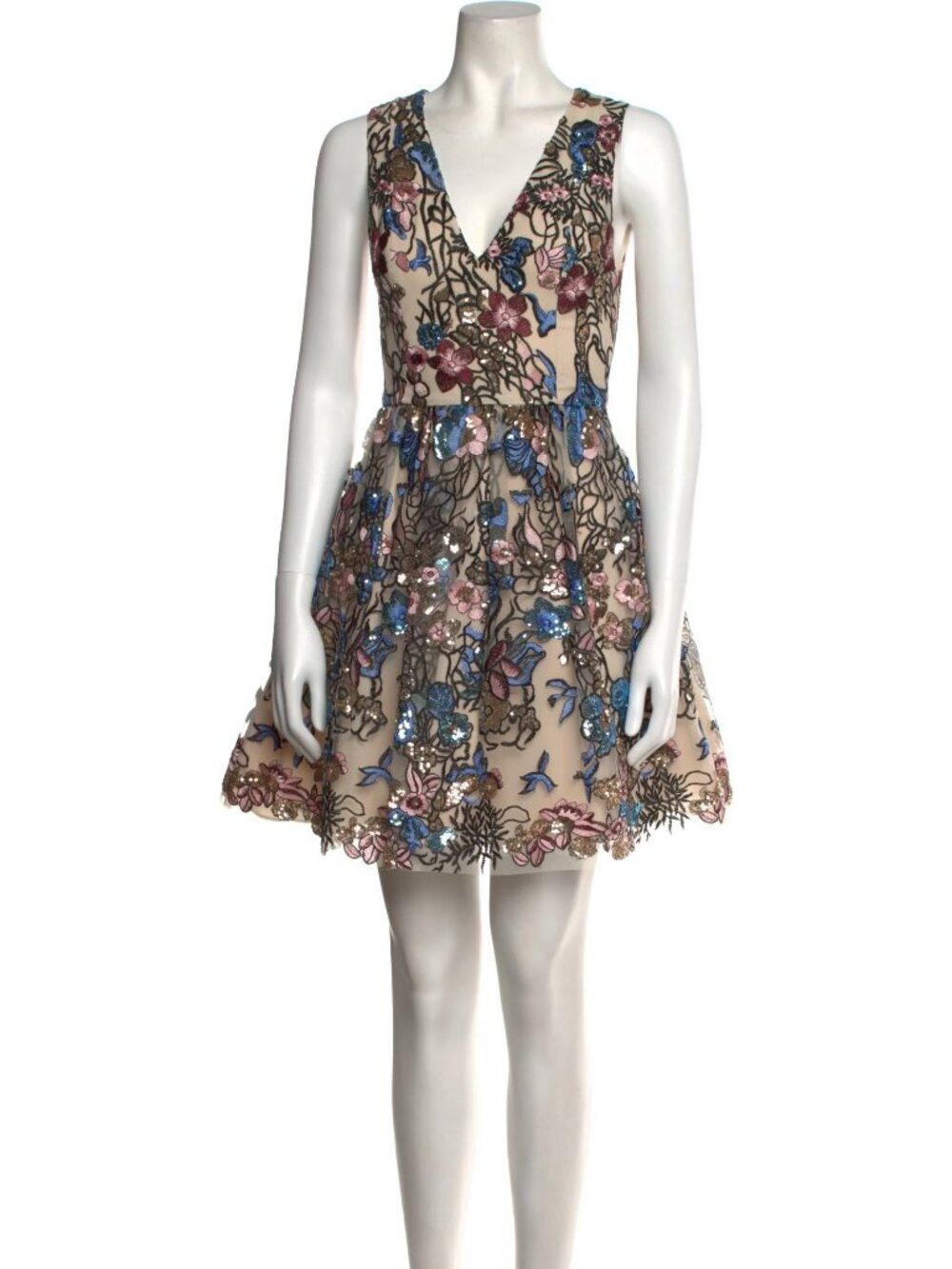 Alice + Olivia Becca Mini Pouf Cocktail Dress with floral embroidery and sequins